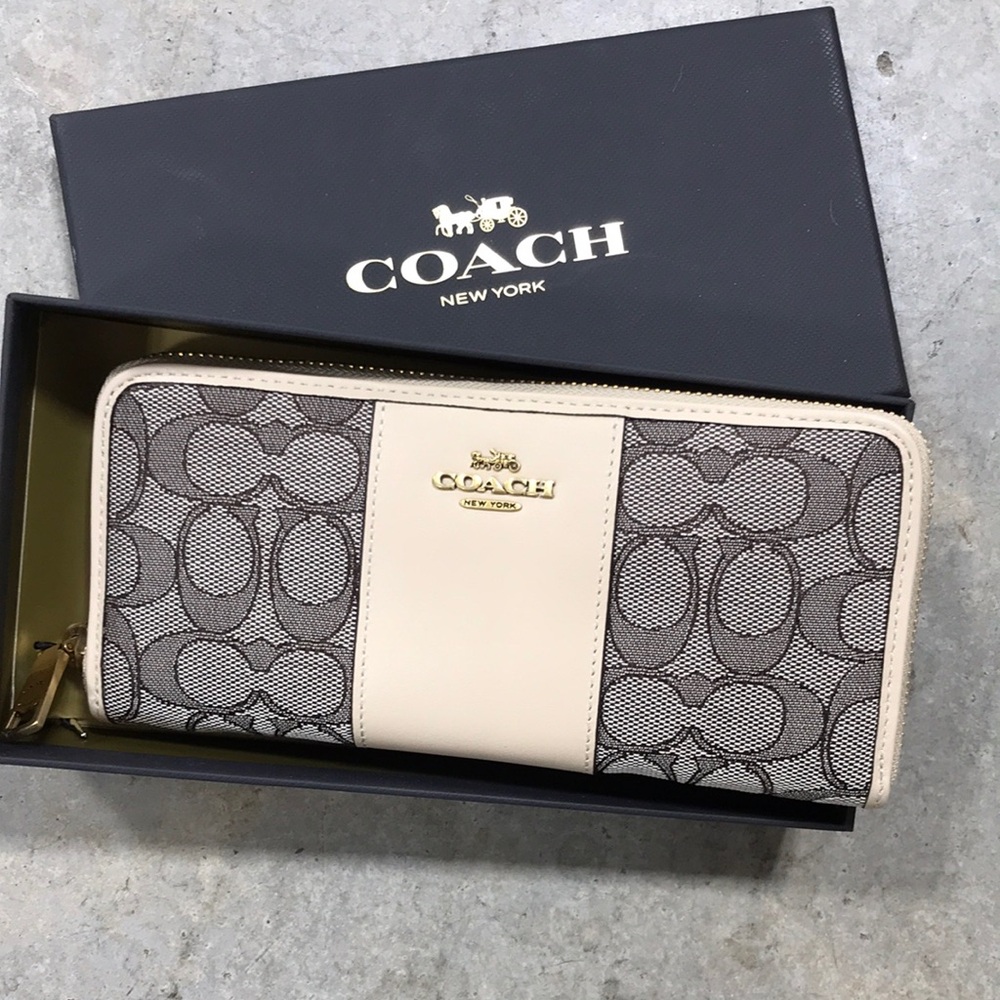 Coach Beige and Brown Zip Wallet with Gold Hardware